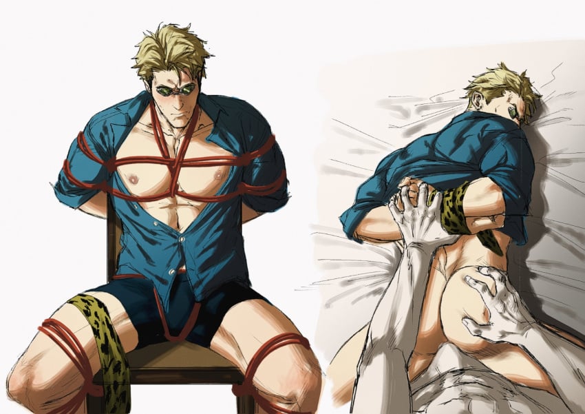 2023 2boys anal arms_behind_back bara blonde_hair blue_shirt bondage briefs chest gay gay_sex glasses jujutsu_kaisen kento_nanami male male_focus male_only male_pov muscular muscular_male nipples pov sitting_on_chair smokerichi smokerichiart tied_arms tied_up yaoi