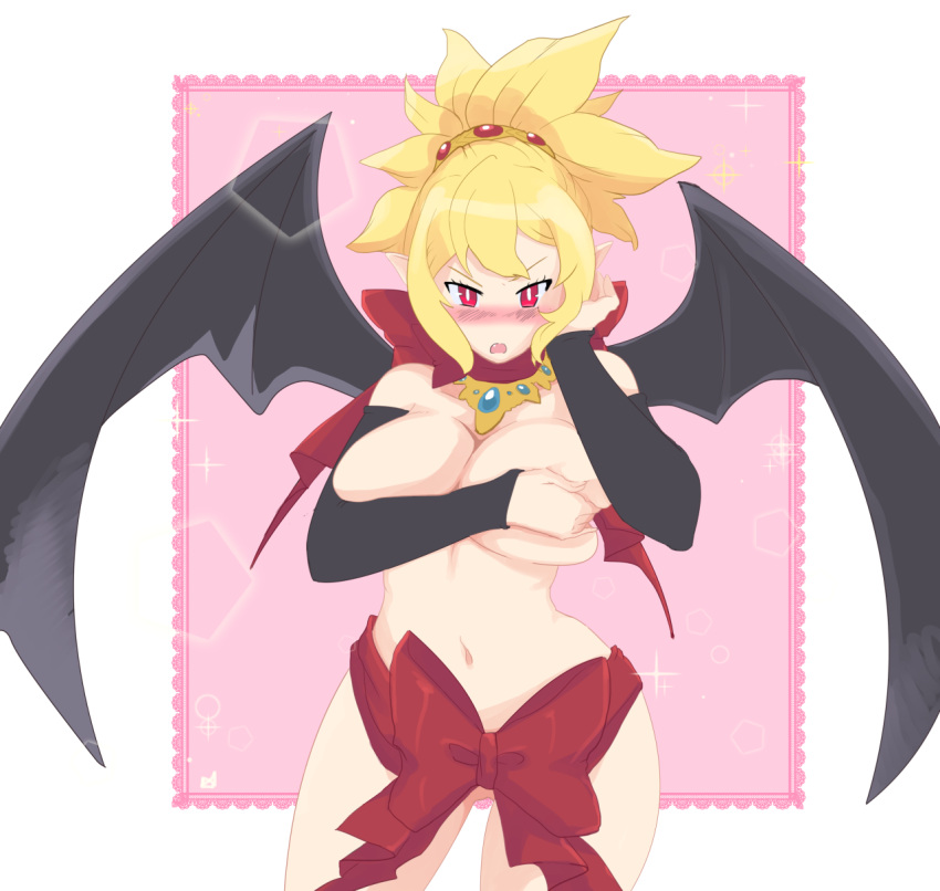 blush boxas breasts completely_nude completely_nude_female covering_breasts demon demon_girl demon_wings disgaea disgaea_2 embarrassed large_breasts nippon_ichi_software pussy ribbon rozalin