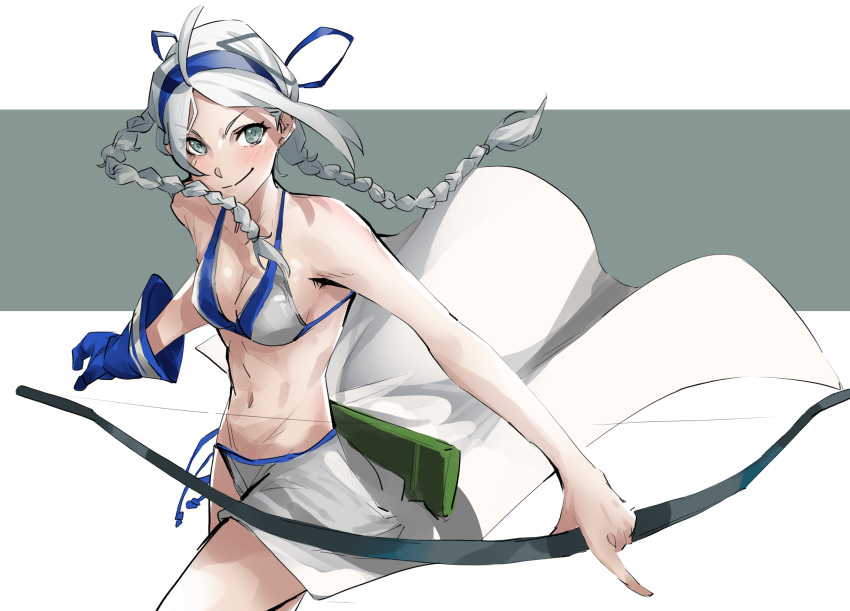 1girls absurdres ahoge alternate_costume armband bangs bare_shoulders bikini blue_eyes blue_gloves blue_hairband blue_ribbon bow_(weapon) braid cosplay crossover_cosplay determined female female_only fire_emblem fire_emblem_fates fundoshi gloves grey_bikini grey_swimsuit hair_ribbon hairband highres holding holding_bow_(weapon) holding_weapon japanese_clothes looking_at_viewer low_twintails majikina_mina majikina_mina_(cosplay) mxvv4878 navel nina_(fire_emblem) nintendo parted_bangs ribbon samurai_shodown samurai_spirits sarong side-tie_skirt single_glove snk solo swimsuit twin_braids twintails upper_body weapon white_bikini white_hair white_sarong white_swimsuit