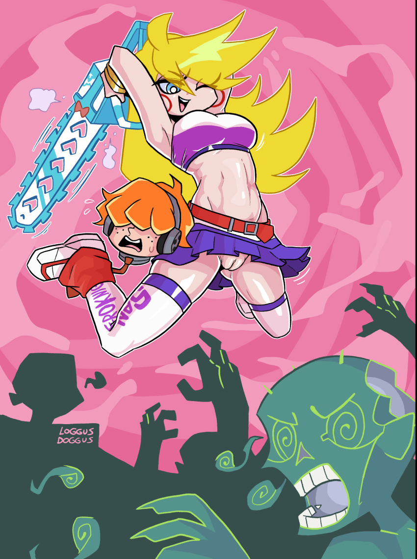 alternate_version_available blonde_female blonde_hair blue_eyes casual chainsaw cheerleader cheerleader_uniform cosplay costume crossover earrings exposed_pussy female footwear hoop_earrings human juliet_starling juliet_starling_(cosplay) legwear loggus_doggus lollipop_chainsaw male pale_skin panty_&_stocking_with_garterbelt panty_anarchy pussy short_skirt skirt sneakers thighhighs toned toned_body toned_female upskirt weapon zombie zombies