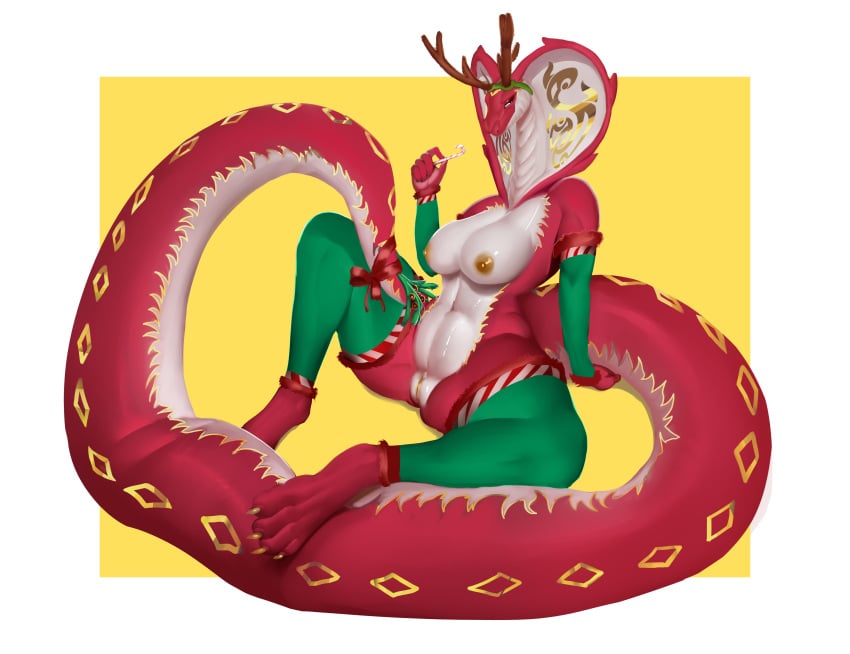 5_fingers absurd_res anthro areola arm_support armwear bent_legs big_breasts biped breasts christmas clothed clothing cobra colored countershade_torso countershading digital_media_(artwork) digital_painting_(artwork) digitigrade fake_antlers female fingers food gold_markings goldmikun hi_res holding_food holding_object holidays leaning leaning_back legwear long_tail markings mostly_nude navel nipples red_body reptile scalie shaded simple_background sitting snake snake_hood solo spread_legs spreading stockings thick_thighs three-quarter_view wide_hips yellow_eyes zivvles