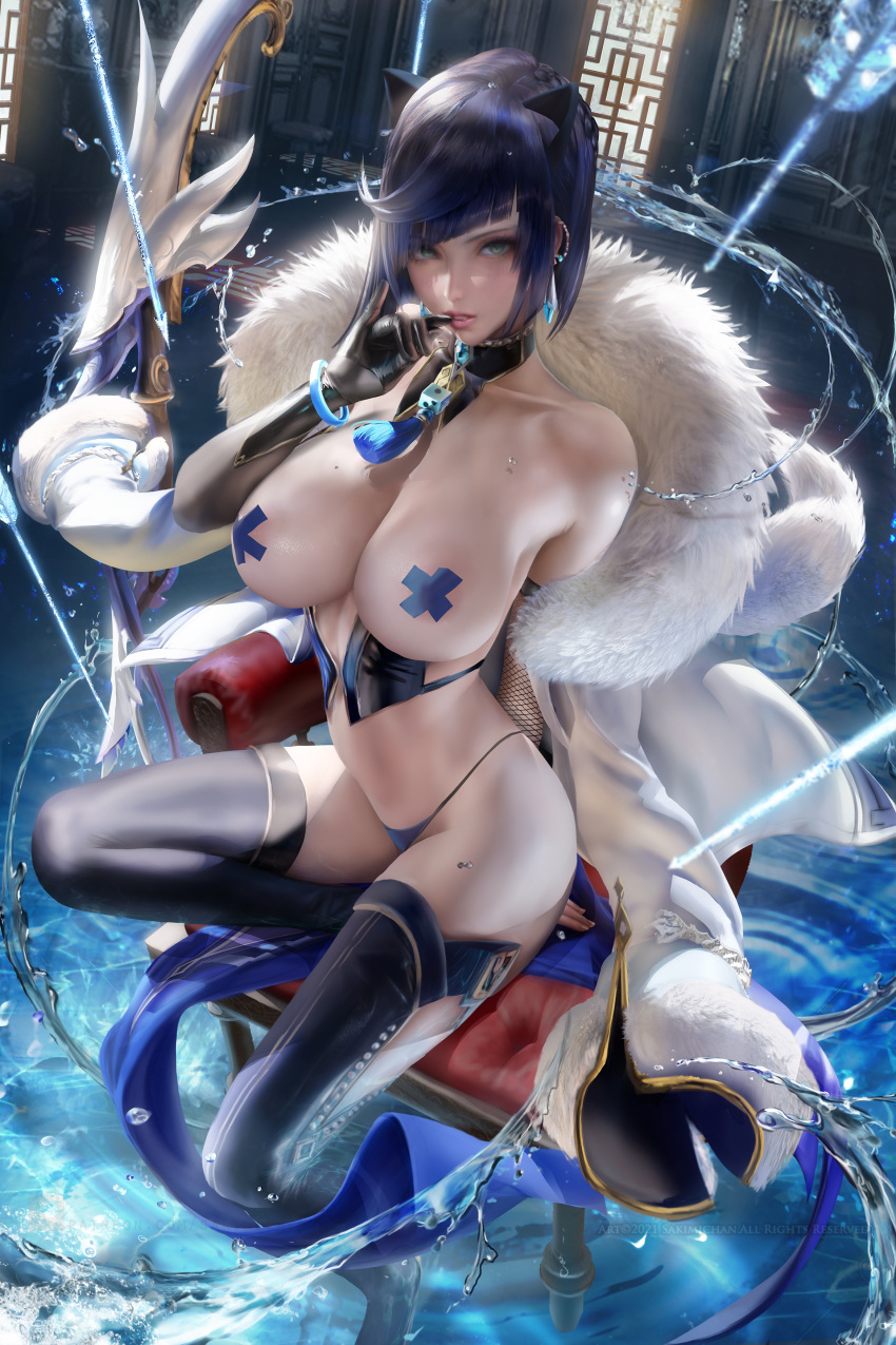 1girls absurd_res absurdres bare_breasts bare_shoulders bare_skin bare_stomach bare_thighs big_breasts black_gloves blue_hair blue_pasties blue_vest bow_(weapon) breasts busty chair coat female female_only fit fit_female genshin_impact gloves green_eyes high_resolution highres hime_cut large_breasts large_filesize light-skinned_female light_skin looking_at_viewer navel nipple_pasties pasties red_chair sakimichan short_hair sitting sitting_down sitting_on_chair slim_girl slim_waist solo stomach thick_thighs thighhighs thighs toned toned_body toned_female very_high_resolution vest water weapon white_clothing white_coat yelan_(genshin_impact)