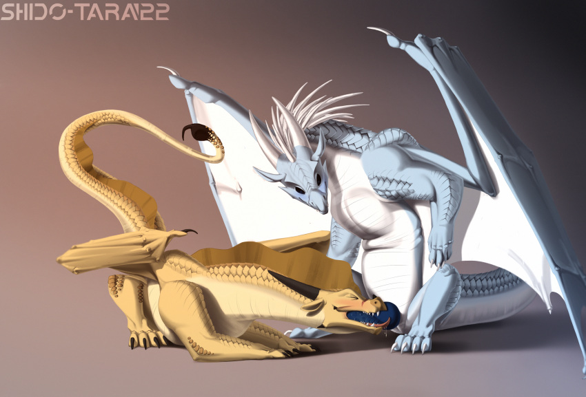 blush dragon duo fellatio feral genitals hi_res icewing_(wof) invalid_tag male male/male oral penile penis qibli_(wof) sandwing_(wof) sex shido-tara simple_background wings_of_fire winter_(wof)