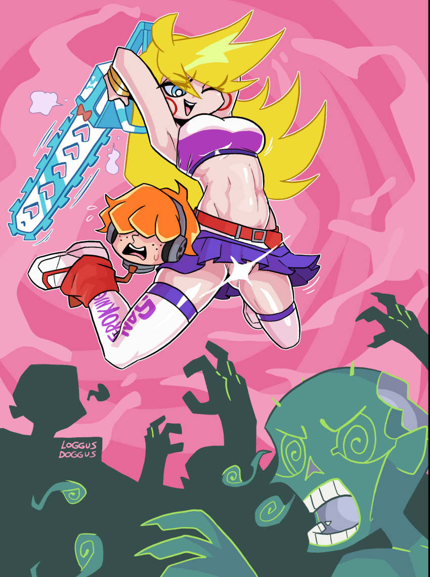 alternate_version_available blonde_female blonde_hair blue_eyes chainsaw cheerleader cheerleader_uniform cosplay costume crossover earrings female footwear hoop_earrings human juliet_starling juliet_starling_(cosplay) legwear loggus_doggus lollipop_chainsaw male pale_skin panty_&_stocking_with_garterbelt panty_anarchy short_skirt skirt sneakers thighhighs toned toned_body toned_female upskirt weapon zombie zombies