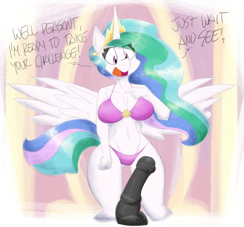 absurd_res alicorn animal_dildo animal_sex_toy anthro anthrofied bra clothing crown dildo equid equine equine_dildo female flutterthrash friendship_is_magic hair hasbro hi_res horn long_hair looking_down mammal multicolored_hair multicolored_tail my_little_pony navel panties pink_eyes princess_celestia_(mlp) sex_toy spread_wings underwear white_body wide_hips wings