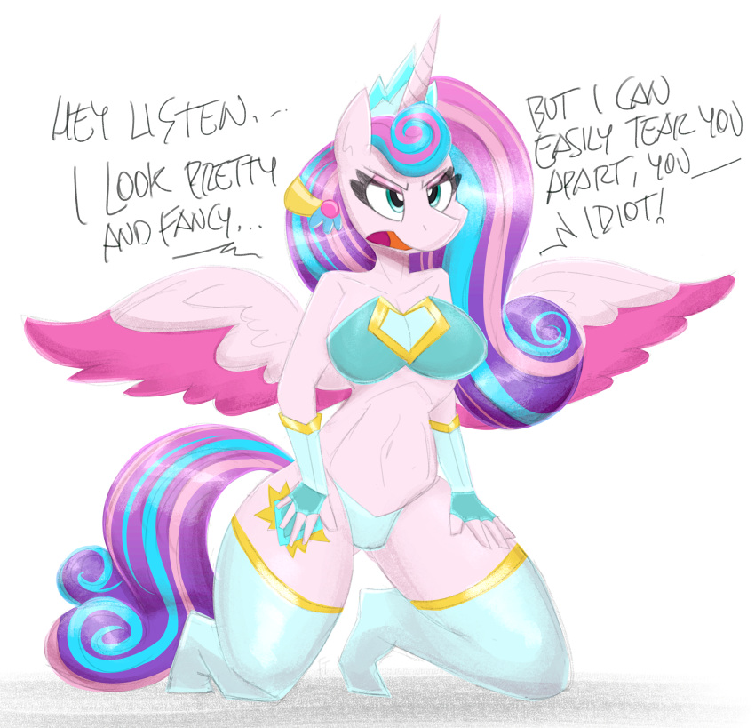 2022 aged_up alicorn anthro clothed clothing cutie_mark english_text equid equine feathered_wings feathers female flurry_heart_(mlp) flutterthrash friendship_is_magic green_eyes hasbro hi_res horn kneeling legwear mammal midriff my_little_pony navel open_mouth pink_body simple_background solo text thighhighs unicorn white_background wings