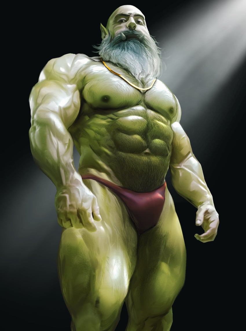 beard bulge daddy dilf fangs green_skin looking_at_viewer male male_only muscles muscular muscular_male orc orc_male qai_san solo underwear underwear_only unnamed_character