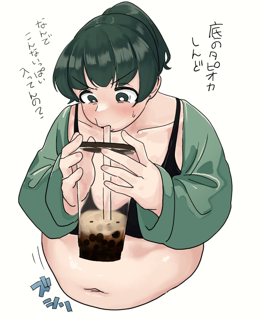 1girls bbw big_belly chubby drinking female female_only green_eyes green_hair ijnacrj mao_(mattsuu) overeating