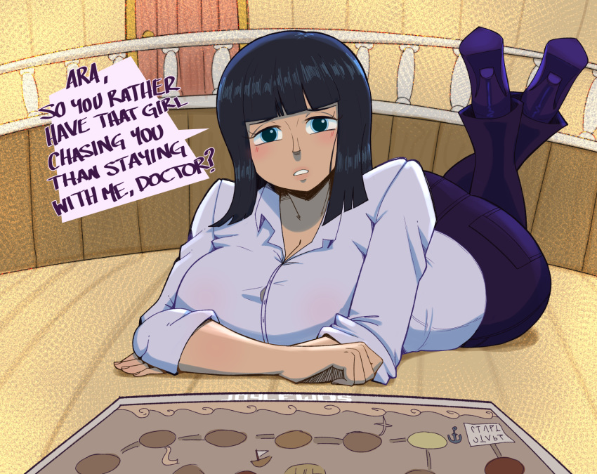 1girls 2022 ? ara_ara ass big_ass big_breasts black_hair blue_eyes blush board_game boat boobs breasts butt door doorknob english_text feet_up female female_only fully_clothed game heels huge_ass huge_breasts joylewds lips lipstick long_hair looking_at_viewer nico_robin one_piece pov pre-timeskip shoes shounen_jump solo talking talking_to_another talking_to_viewer teeth text text_box tits