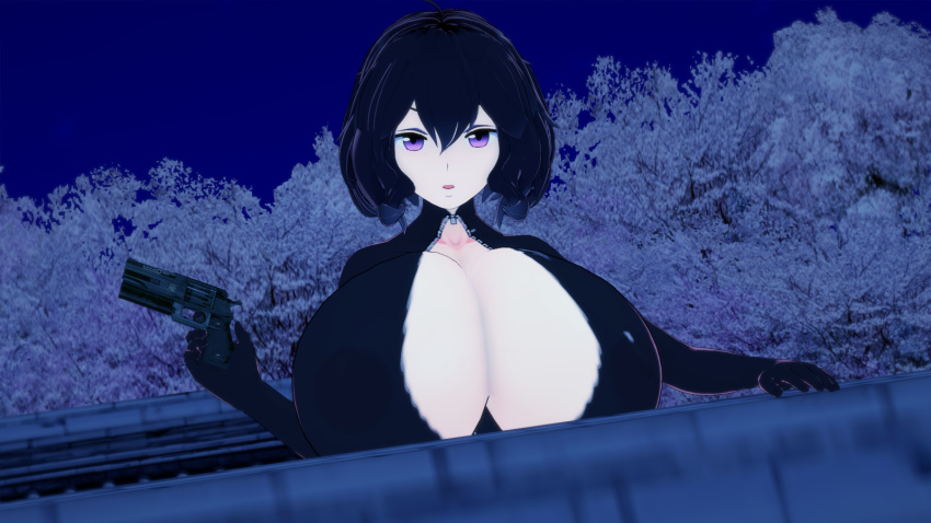 1girls 3d alternate_breast_size alternate_costume black_hair breasts cleavage covered_nipples female female_only fire_emblem fire_emblem_awakening gun huge_breasts large_breasts morgan_(fire_emblem) morgan_(fire_emblem)_(female) night nintendo open_mouth purple_eyes rhcpftw rooftop sky tree zipper