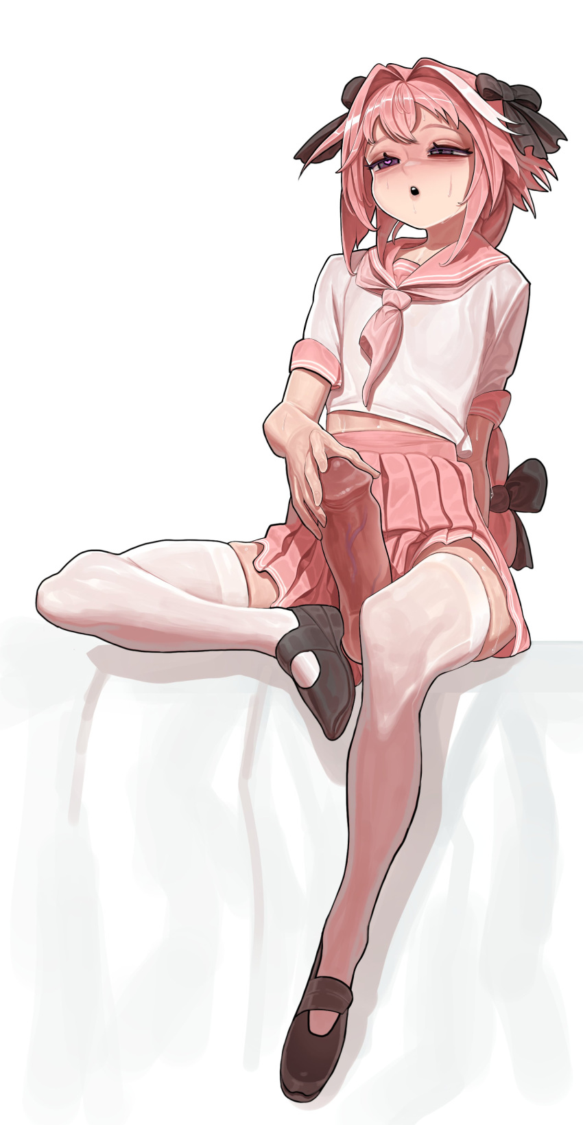 1boy astolfo_(fate) crossdressing erection fate/grand_order fate_(series) femboy girly monster_frog penis pink_hair sitting skirt white_background