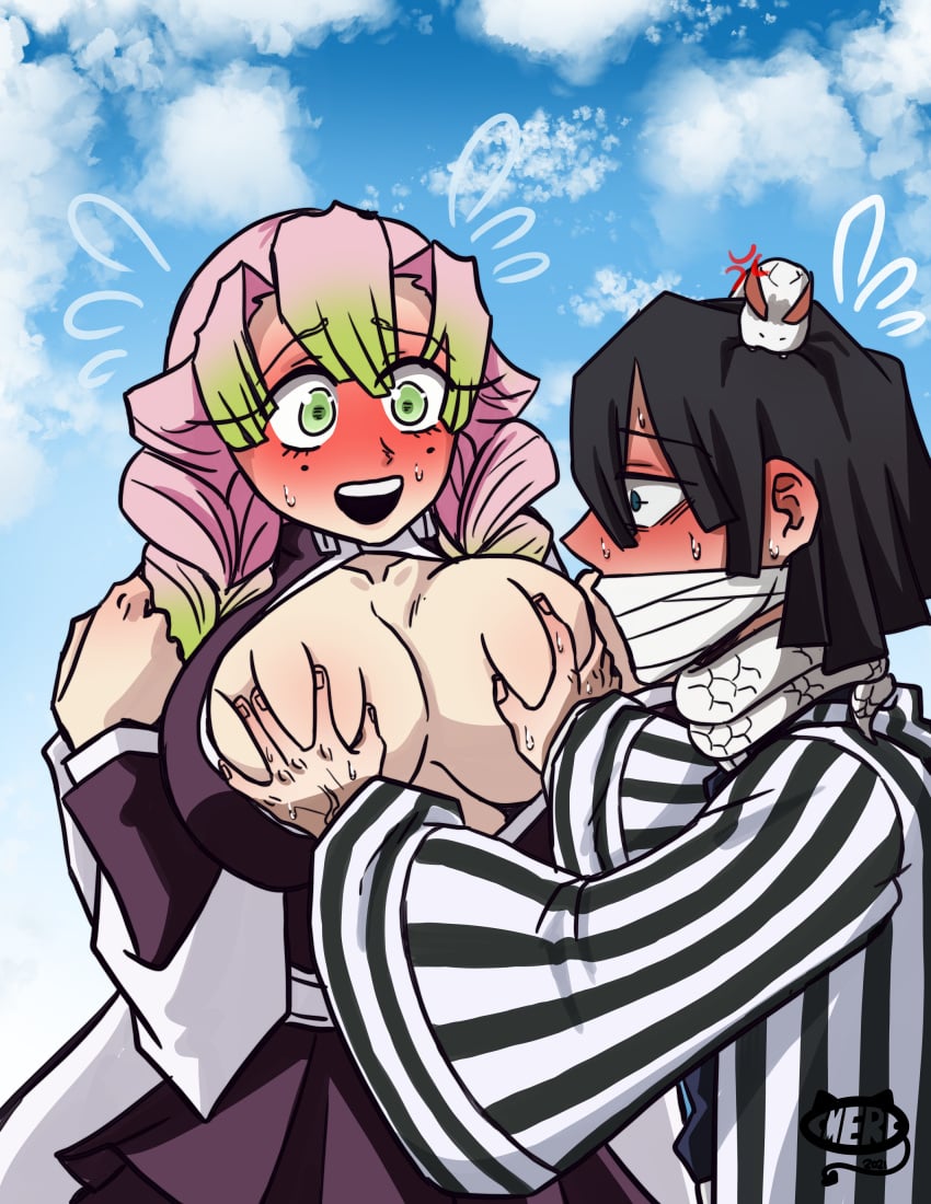 1boy 1girls accidental_circumstance big_breasts blush braided_hair breast_grab c-merc cleavage demon_slayer embarrassed female green_eyes groping haori huge_breasts iguro_obanai kaburamaru kanroji_mitsuri kimetsu_no_yaiba male mouth_mask nervous open_shirt pink_hair sweat two_tone_hair uniform