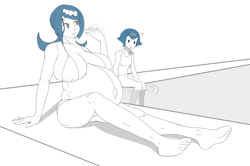 2girls belly big_belly big_breasts bikini blue_hair breasts female lana's_mother_(pokemon) lana_(pokemon) large_breasts m-b-m mature_female may_be_maybenot milf mob_face mother pokemon pokemon_sm pregnant size_difference