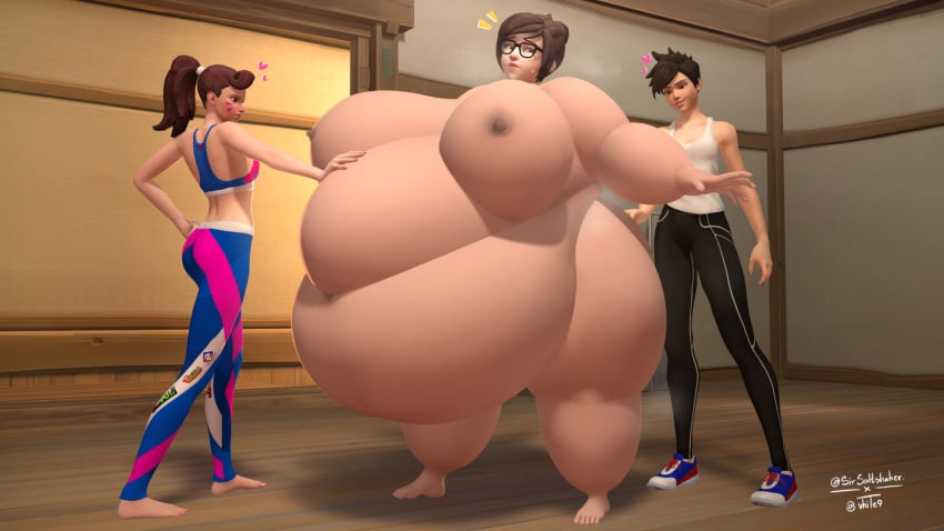 3d 3girls asian bbw belly big_belly big_breasts black_nails breasts brown_hair d.va fat fat_rolls female female_only fingernails glasses hand_on_ass hand_on_belly huge_belly huge_breasts inflation large_belly large_breasts long_hair mei_(overwatch) morbidly_obese nail_polish nipples obese overwatch overweight pink_nails short_hair sirsaltshaker ssbbw sweat sweating thick_thighs thighs thunder_thighs toenail_polish toenails tracer vhite9