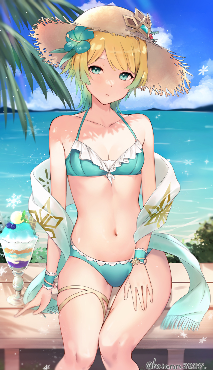 1girls adapted_costume alternate_costume bare_shoulders bikini blonde_hair blue_bikini blue_eyes blue_hair blue_swimsuit breasts collarbone dessert female female_only fire_emblem fire_emblem_heroes fjorm_(fire_emblem) flower food frilled_bikini frills gradient_hair hair_flower hair_ornament halterneck haru_(nakajou-28) hat highres ice_cream ice_cream_cone looking_at_viewer medium_breasts multicolored_hair navel nintendo short_hair snowflake_print solo straw_hat sundae swimsuit towel twitter_username