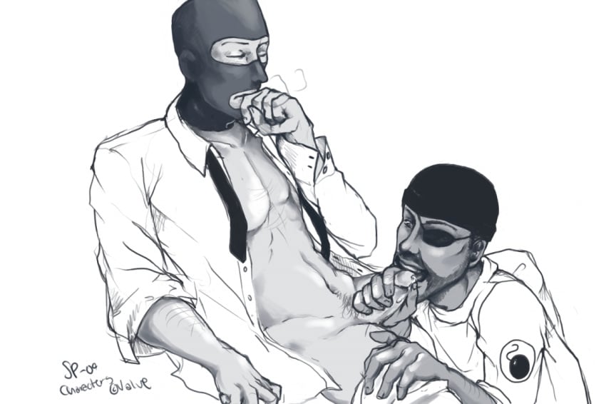 2boys 2d balaclava blowjob cock_hungry cum_hungry cum_in_mouth dark-skinned_male demoman demoman_(team_fortress_2) eye_patch fellatio finger_on_mouth giving_head going_down_on holding_penis human human_male human_only just_the_tip licking_cum licking_penis male male_only open_shirt oral_sex pants_down sergeant_pu spy spy_(team_fortress_2) team_fortress_2 watch_cap white_background yaoi