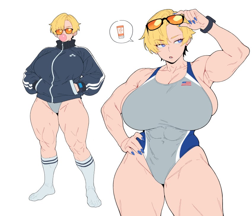 1girl 2d blonde_hair blue_eyes blue_nails chengchezhiice fit_female muscular_female oc short_hair swimsuit tagme thick_thighs tomboy track_jacket