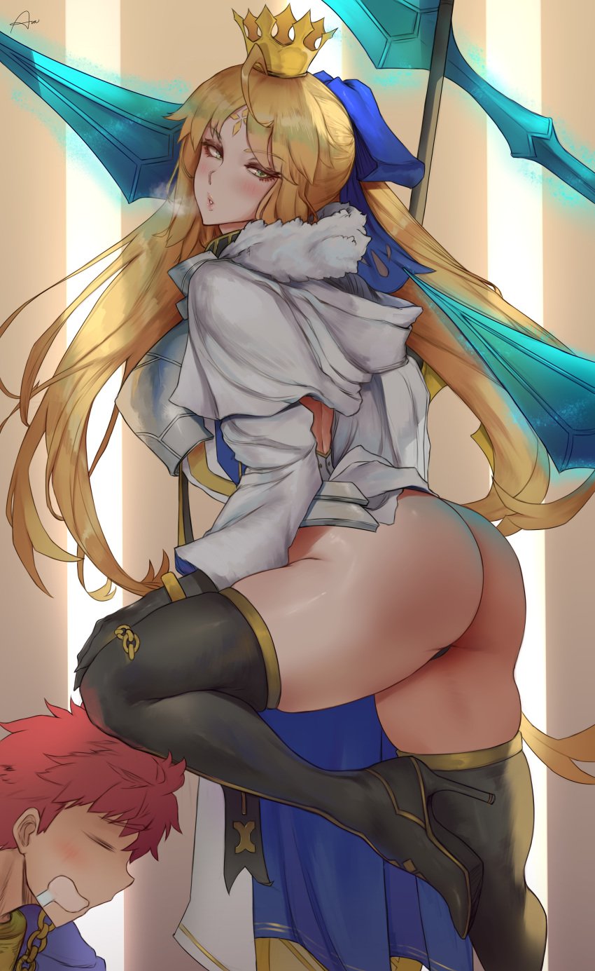 1boy 1girls 2022 absurd_res alternate_breast_size araneesama artoria_pendragon artoria_pendragon_(caster) ass blonde_hair breasts cutesexyrobutts_(style) emiya_shirou fate/grand_order fate_(series) female green_eyes hips large_ass large_breasts long_hair male male_(face_only) red_hair short_hair slim_waist thick_thighs thighs wide_hips