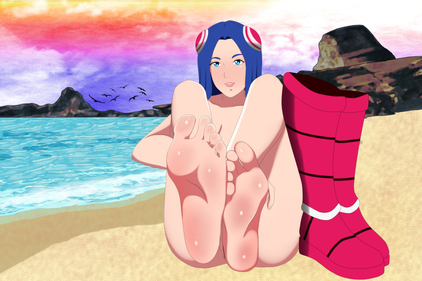 1girls 2022 4k absurd_res barefoot beach blue_eyes blue_hair boots boots_removed detailed_background female foot_fetish foot_focus foot_play foot_tease high_resolution highres irelia_xan league_of_legends outdoor_nudity outdoors soles solo solo_female solo_focus tease teasing teasing_viewer yuki_(artist)