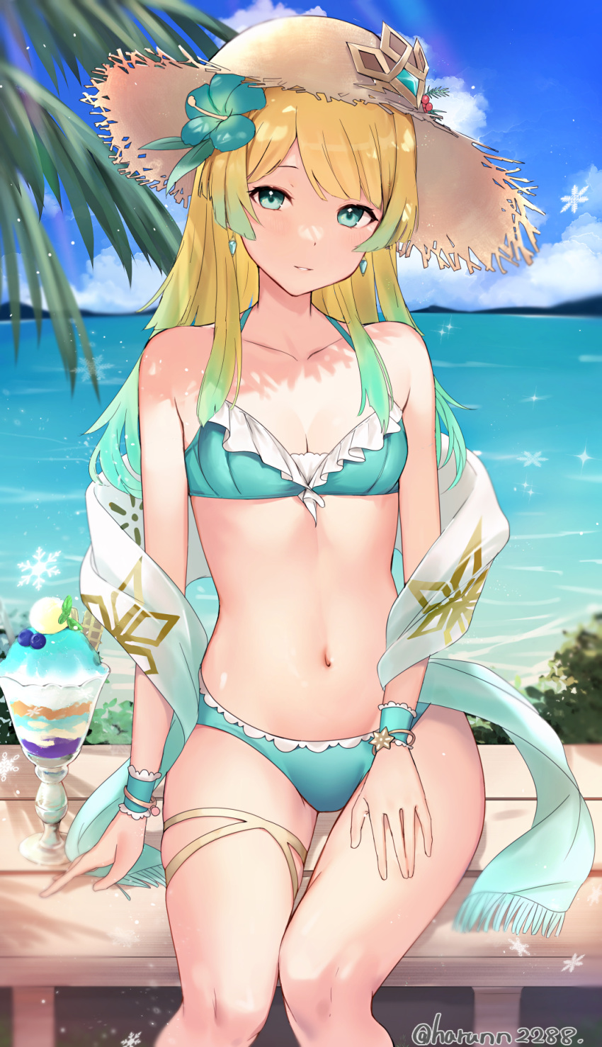 1girls alternate_costume alternate_hair_length alternate_hairstyle artist_name bangs bare_shoulders bikini blonde_hair blue_eyes blue_hair blue_sky blue_swimsuit breasts cleavage cloud cloudy_sky collarbone commentary_request day earrings female female_only fire_emblem fire_emblem_heroes fjorm_(fire_emblem) fjorm_(ice_ascendant)_(fire_emblem) flower food gradient gradient_hair haru_(nakajou-28) hat hibiscus highres ice_cream ice_cream_cup jewelry long_hair looking_at_viewer multicolored_hair navel nintendo ocean outdoors palm_leaf shiny shiny_skin simple_background sitting sky small_breasts smile snowflakes solo sparkle stomach straw_hat swimsuit thigh_strap water wrist_cuffs