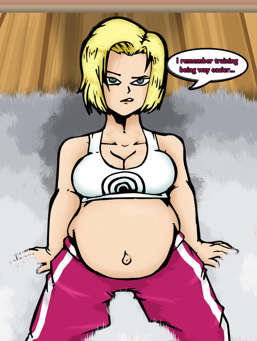 1girls android_18 belly big_belly big_breasts blonde_hair breasts cleavage dragon_ball dragon_ball_z female nasuokaa-san pregnant sports_bra