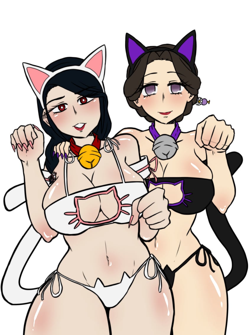 2girls alternate_costume bell_collar big_breasts black_hair c-merc cat_ears cat_lingerie cat_tail catgirl cleavage cleavage_cutout collar dark_hair demon_slayer fake_animal_ears female female_only huge_breasts kimetsu_no_yaiba long_fingernails looking_at_viewer milf multiple_girls pov purple_eyes red_eyes red_lipstick rengoku_ruka sharp_fingernails side-tie_panties smile tamayo_(kimetsu_no_yaiba) thick_thighs wide_hips