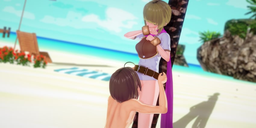 1boy 1girls 3d beach blonde_hair bottomless brown_hair camelot cunnilingus felix_(golden_sun) golden_sun happy happy_sex junazura kneeling kneeling_oral_position koikatsu long_hair looking_pleasured love nintendo ocean oral petite sheba_(golden_sun) short_hair small_breasts standing summer topless