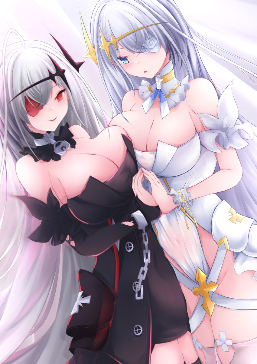 2girls absurdres asymmetrical_docking azur_lane bare_shoulders black_dress black_vs_white blue_eyes breast_press breasts cleavage contrast detached_collar detached_sleeves dress dual_persona dutch_angle emden_(azur_lane) flower flower_in_eye highres large_breasts long_hair multiple_girls osatou_(soul_of_sugar) padlocked_collar red_eyes red_flower red_rose rose simple_background strapless strapless_dress symbol_in_eye very_long_hair white_background white_dress white_flower white_hair white_rose