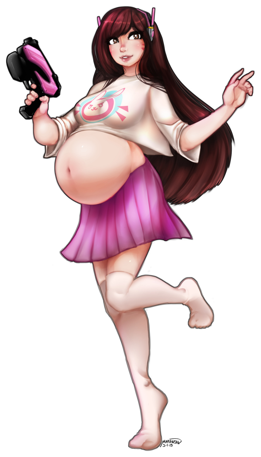 1girls asian belly big_belly big_breasts breasts brown_hair d.va female marrazan overwatch pregnant skirt solo_female