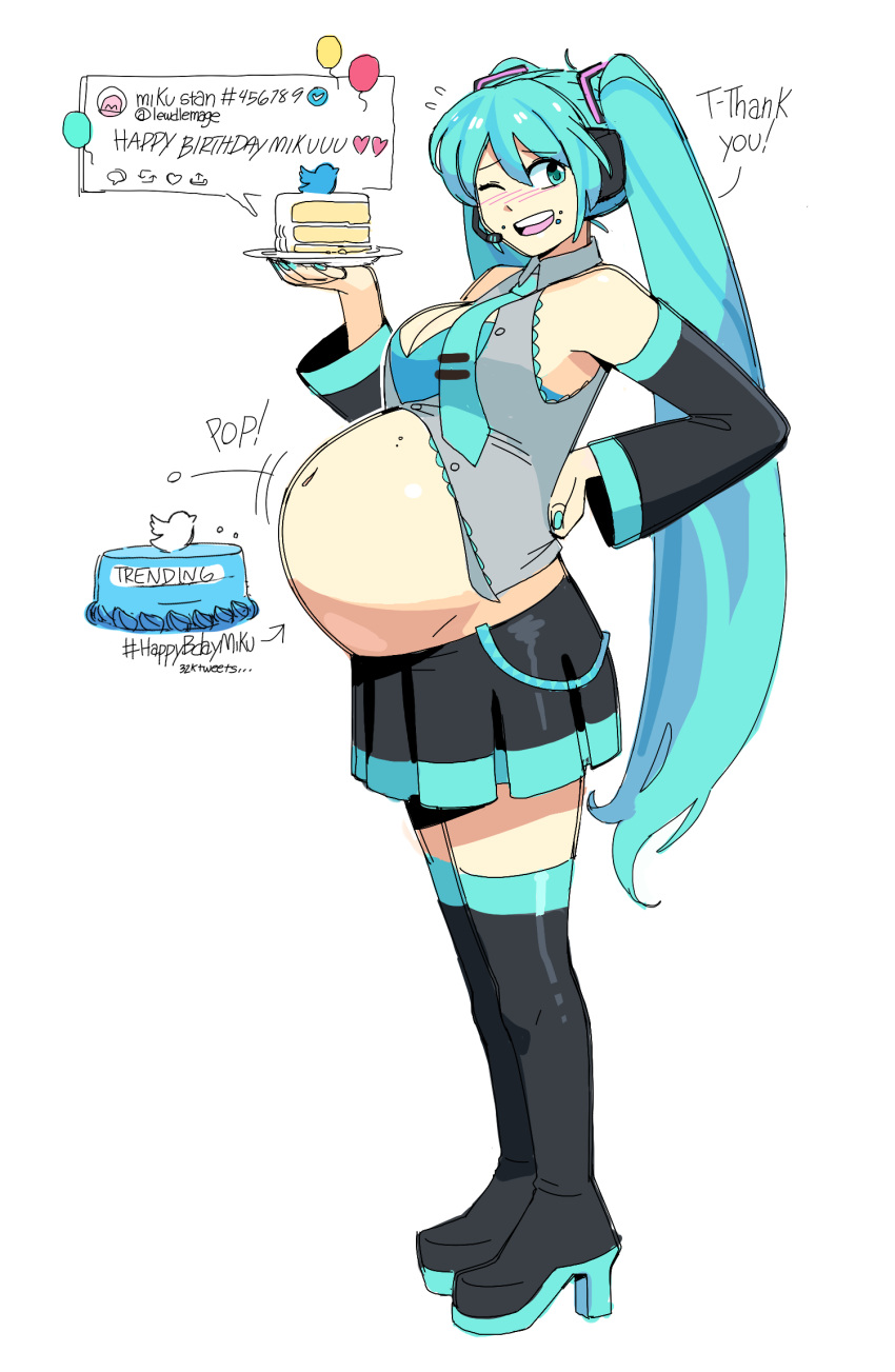 1girls bbw belly big_belly birthday blue_eyes blue_hair breasts chubby clothing english_text fat female female_only hatsune_miku huge_belly lewdlemage light-skinned_female light_skin long_hair obese standing stuffed stuffed_belly text vocaloid