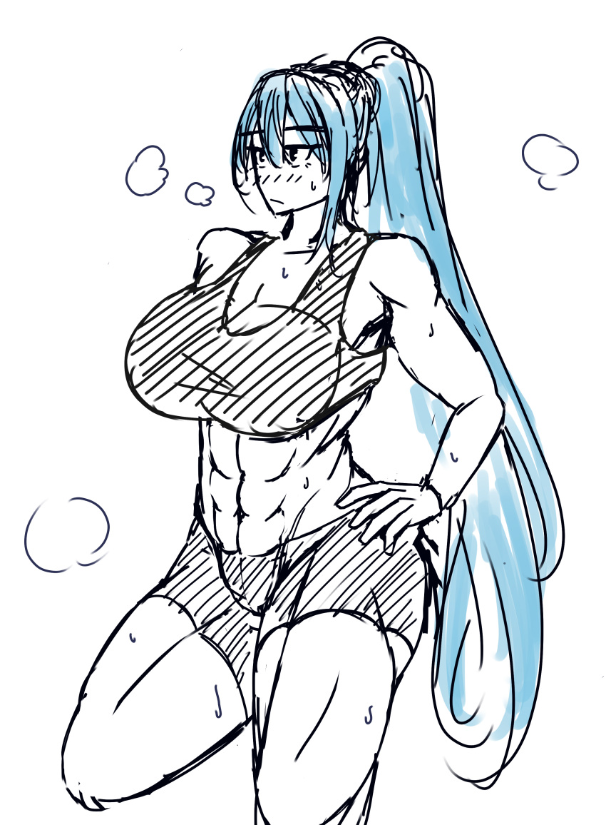 1girls blue_hair female female_only huge_breasts long_hair muscular muscular_female partially_colored ponytail semo sketch solo