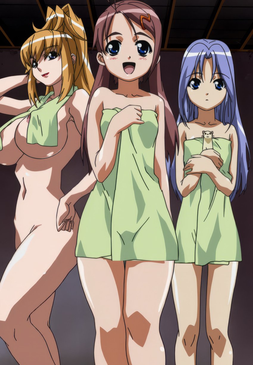 3girls blonde_hair blue_eyes brown_hair gravion gusuku_luna large_breasts leele long_hair masami_obari mascot nipples nude ponytail small_breasts stitched tachibana_mizuki tagme towel