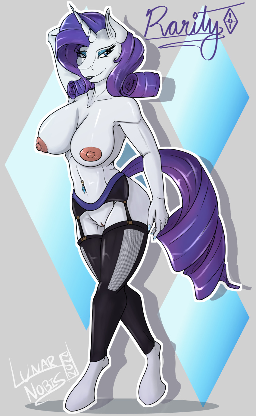 anthro areola big_breasts breasts clothing equid equine female footless_legwear friendship_is_magic garter_belt garter_straps genitals hasbro hi_res horn horse legwear lunarnobis mammal my_little_pony nipples pony pussy rarity_(mlp) solo stockings straight_hair unguligrade_anthro unicorn