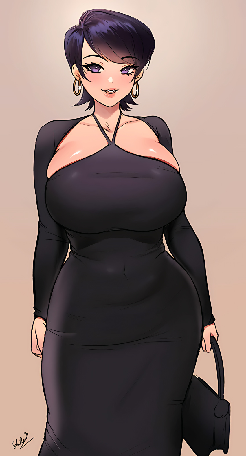 1girls big_breasts child_bearing_hips clothing dress earrings female female_focus female_only fully_clothed highres hoop_earrings hourglass_figure huge_breasts komi-san_wa_komyushou_desu komi_shuuko light-skinned_female light_skin looking_at_viewer milf mother pale-skinned_female pale_skin signature smile sren244 thick_thighs tight_clothing voluptuous watermark