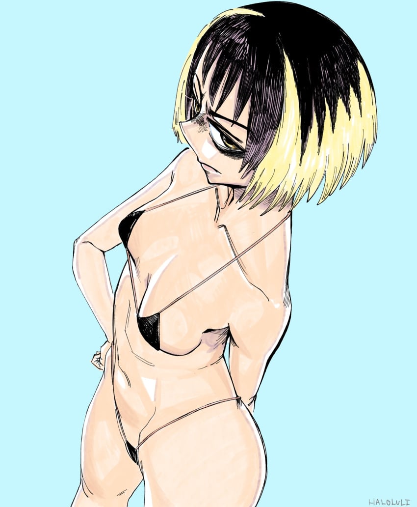 1girls bikini female female_focus female_only haloluli high-angle_view light-skinned_female light_skin looking_at_viewer medium_hair micro_bikini nagi_seomizu small_breasts sugoi_smartphone two_tone_hair