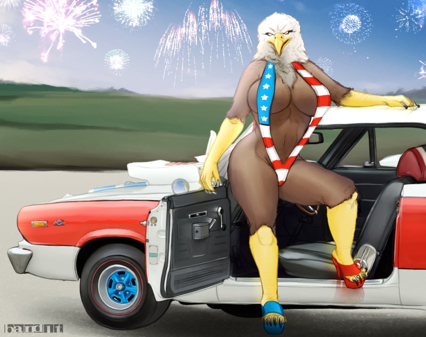 amc amc_rebel_machine american_eagle american_flag american_flag_bikini bald_eagle band1tnsfw big_breasts bikini car digital_drawing_(artwork) digital_media_(artwork) dusk eagle firework fireworks flag_bikini glowing_eyes high_heels muscle_car portrait stars_and_stripes thick_thighs