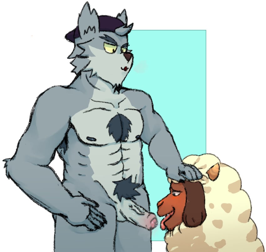 anthro body_hair bovid canid canine canis caprine chest_hair drooling_onto_other duo horn humanoid male male/male mammal momoskinks pubes sheep wolf wolf_(we_baby_bears)