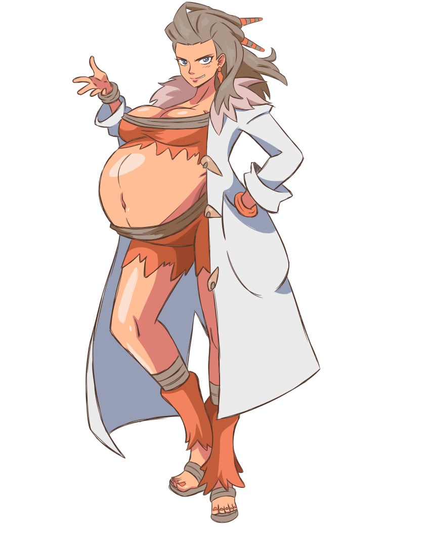 1girls arbrianarchy belly big_belly big_breasts breasts cleavage dark-skinned_female dark_skin female grey_hair nintendo pokemon pokemon_sv pregnant pregnant_milf professor_sada_(pokemon)