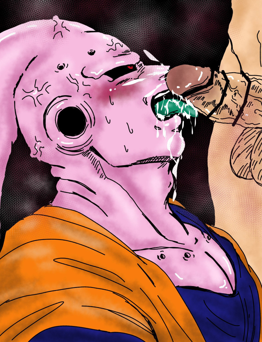 2boys artist_request balls blush cum cum_in_mouth cum_on_body cum_on_face dick dragon_ball dragon_ball_z ejaculation erection gay gay_sex humanoid licking licking_penis looking_at_another majin_buu male male/male male_only outside pecs penis pink_body pink_skin red_eyes sucking super_buu tagme tongue tongue_out warrior