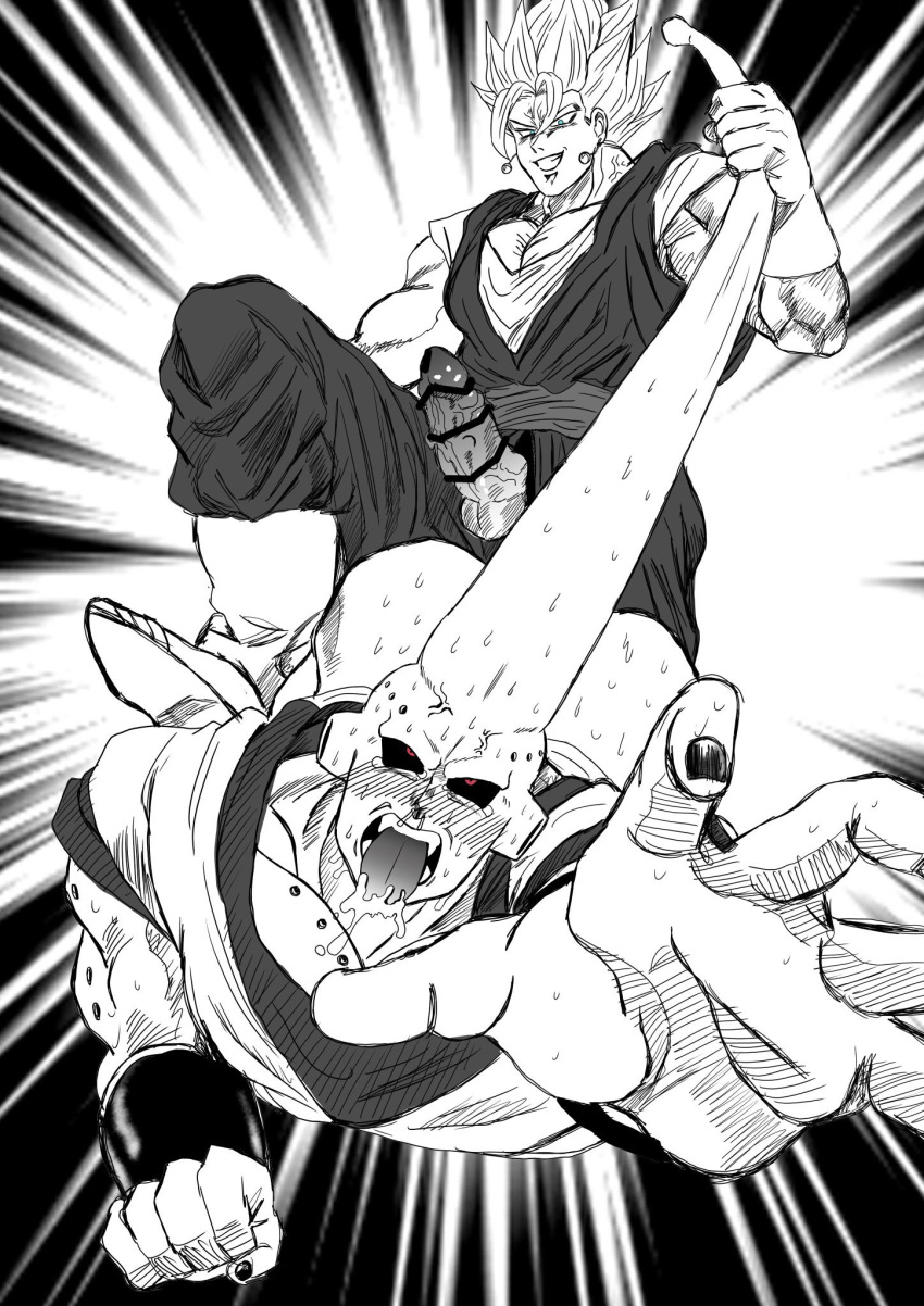 2boys artist_request ass black_and_white blush clothing dick dragon_ball dragon_ball_z erection forced from_behind gay huge_cock humanoid majin majin_buu male male/male male_only open_mouth penis red_eyes saliva super_buu super_saiyan tagme tongue vegito veiny_penis warrior yaoi