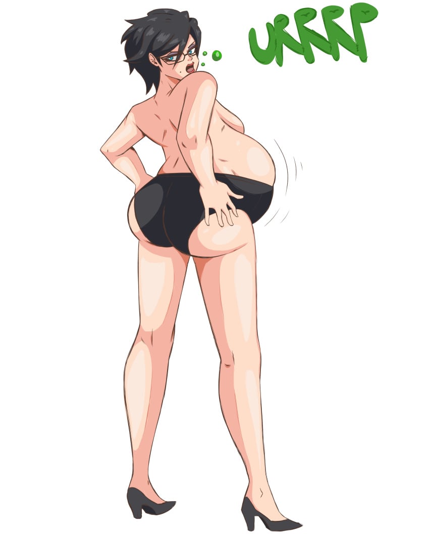 1girls arbrianarchy ass bayonetta bayonetta_(character) belly belly_stuffing big_ass big_belly black_hair bloated bloated_belly bubble_butt burp burping female glasses panties solo_female stuffed_belly stuffing