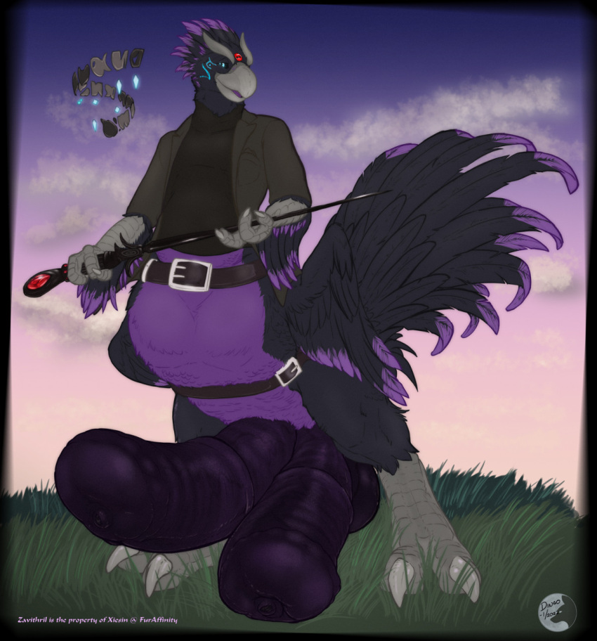 2022 2_penises avian avian_taur beak big_penis biped biped_taur black_body black_feathers blue_eyes blue_markings bottomless bottomless_taur chocobo chocobo_taur claws clothed clothing cloud detailed_background diphallia diphallism english_text facial_markings feathered_wings feathers final_fantasy finger_claws genitals grass head_markings hi_res horizontal_diphallism huge_cock jacket looking_at_viewer magic_wand male male_focus male_only male_solo markings multi_genitalia multi_penis nikkyvix outside penis plant purple_body purple_feathers purple_penis sky solo solo_male square_enix standing taur text toe_claws topwear turtleneck video_games wings year