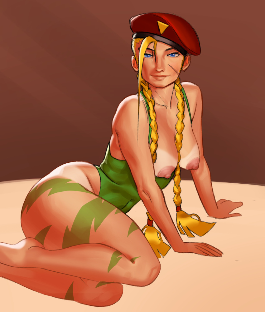 1girls beret blonde_hair blue_eyes breasts_out cammy_white leotard looking_at_viewer medium_breasts pose sitting solo street_fighter tanline thick_thighs twin_braids whiteflagman