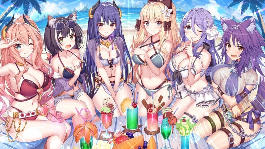 6girls akusema beach_background big_breasts bikini different_breast_sizes karyl_(princess_connect!) large_breasts makoto_(princess_connect!) medium_breasts princess_connect! princess_connect!_re:dive rei_(princess_connect!) saren_(princess_connect!) shizuru_(princess_connect!) suzuna_(princess_connect!)