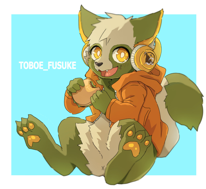 2021 3_toes 4_fingers absurd_res ambiguous_gender anus blue_background blush blush_lines burger clothing cute_fangs digital_drawing_(artwork) digital_media_(artwork) dipstick_tail eating eye_glint feet feral fingers food fur green_body green_ears green_fur hi_res jacket jacket_only kemono looking_at_viewer mammal markings multicolored_body multicolored_fur naegi open_mouth orange_clothing orange_jacket orange_topwear procyonid pupils raccoon simple_background sitting tail_markings tan_body toes topwear two_tone_body two_tone_fur white_pupils x_anus yellow_eyes