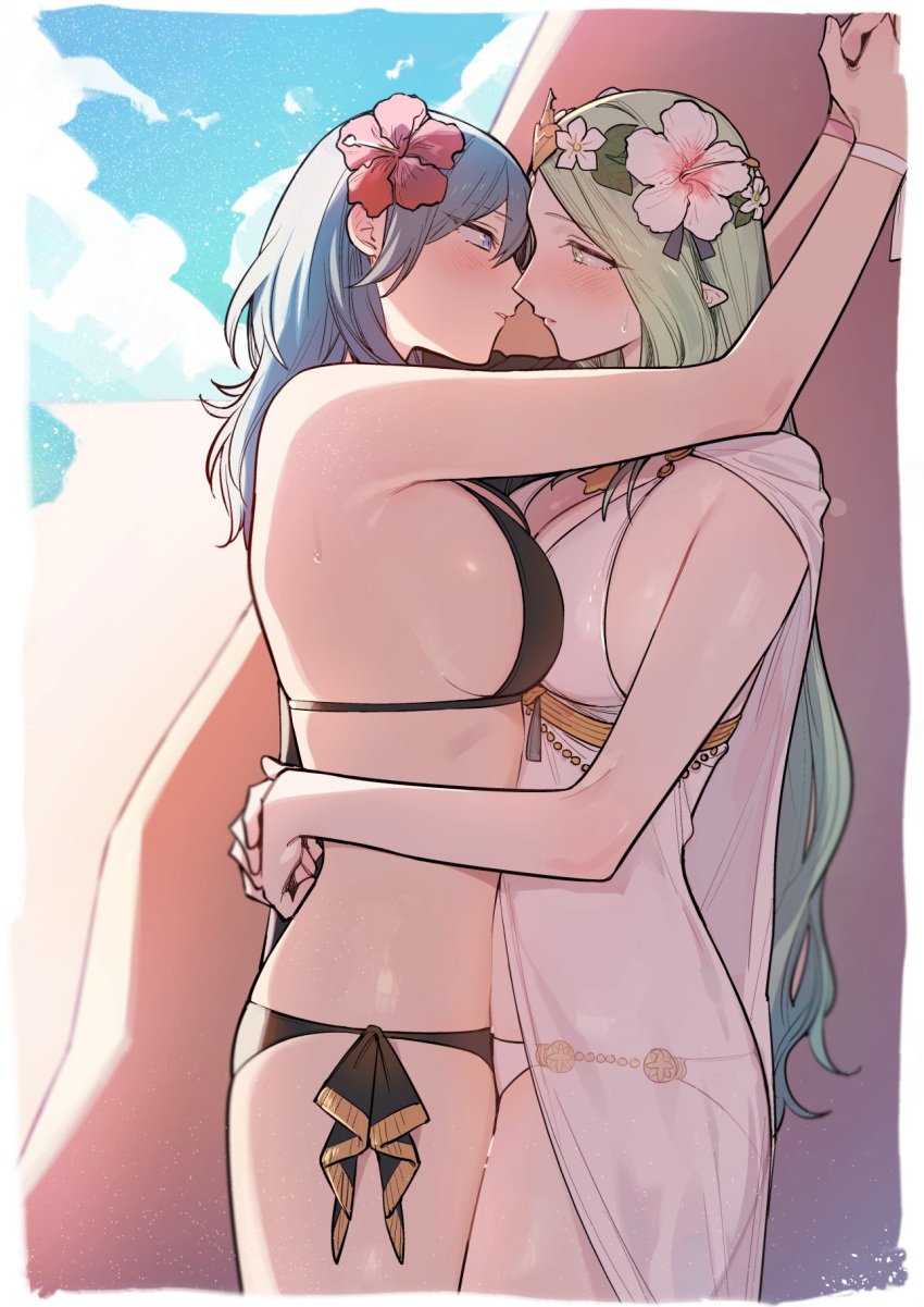 2girls alternate_costume arms_around_neck arms_around_waist bikini black_bikini black_swimsuit blue_eyes blue_hair blush border breast_press breasts byleth_(fire_emblem) byleth_(fire_emblem)_(female) byleth_(summer)_(fire_emblem)_(female) cleavage cloud commentary_request day embrace eye_contact female female_only fire_emblem fire_emblem:_three_houses fire_emblem_heroes flower from_side green_eyes green_hair hair_between_eyes hair_flower hair_ornament head_wreath hibiscus highres ikarin imminent_kiss large_breasts long_hair looking_at_another multiple_girls nintendo official_alternate_costume older_female outdoors parted_lips pink_flower pointy_ears profile red_flower rhea_(fire_emblem) rhea_(summer)_(fire_emblem) see-through sky sweat swimsuit symmetrical_docking very_long_hair white_bikini white_border white_swimsuit yuri