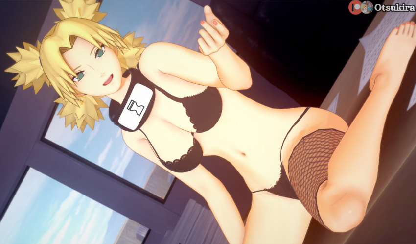 1girls 3d barefoot big_breasts blonde_hair bra breasts collar desk female female_only green_eyes hokage_office knees_together_feet_apart koikatsu long_hair looking_at_viewer midriff naruto naruto_(series) naruto_shippuden office on_desk otsukira panties quad_tails smile spread_legs sunagakure_symbol temari temari(genin) tied_hair underwear young