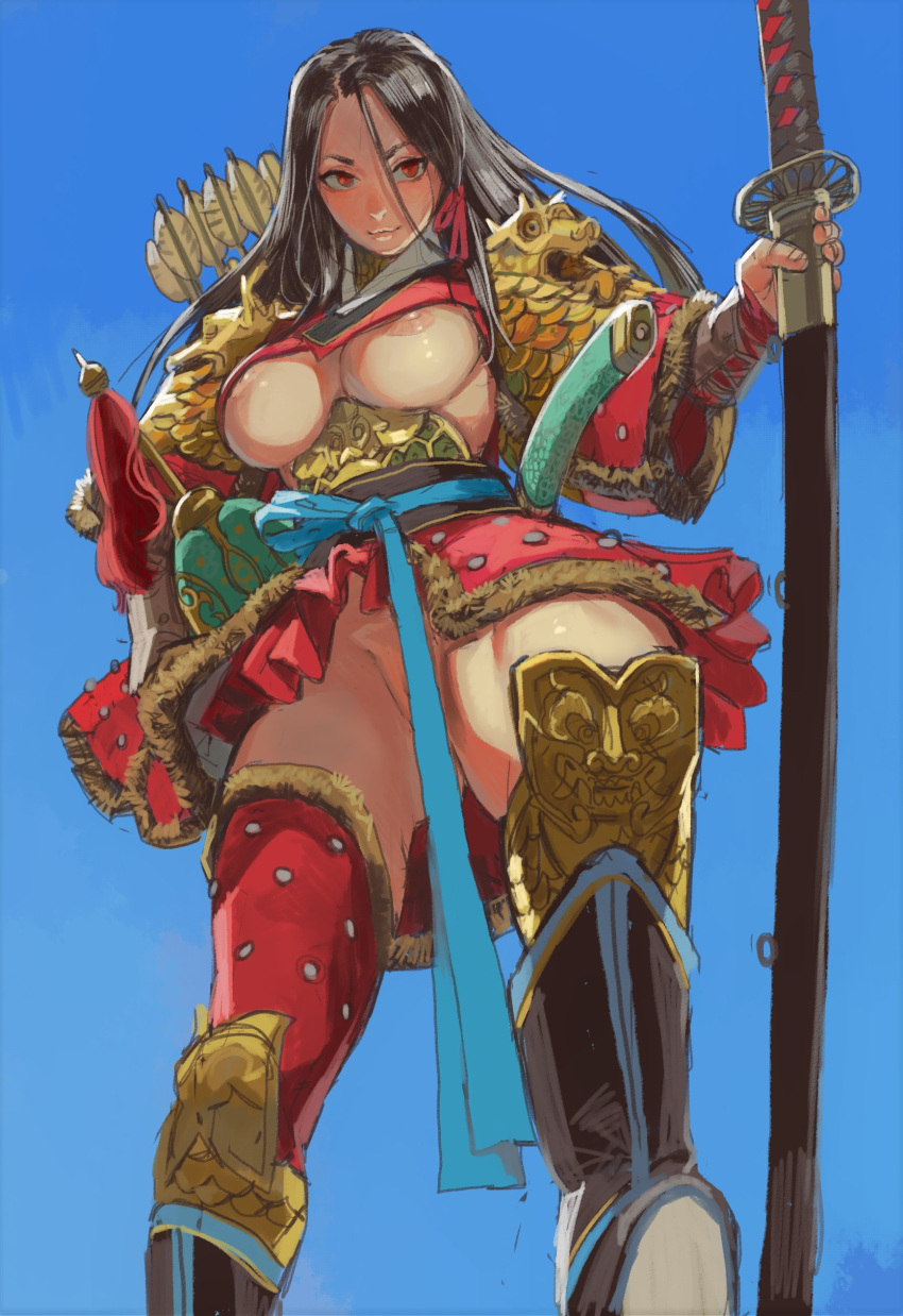 1girls areola_slip armor arrow_(projectile) below_view black_hair blue_background breasts convenient_censoring helmet helmet_removed light-skinned_female light_skin long_hair mossa nodachi nopan red_eyes samurai sheath soldier solo standing sword underboob upskirt warrior