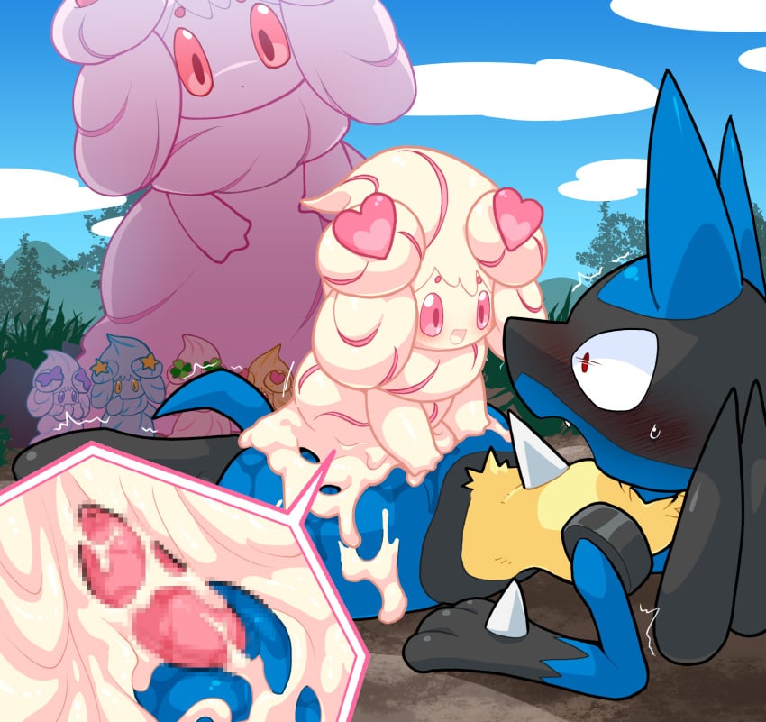 1boy alcremie anthro anthro_penetrating being_watched bodily_fluids dominant dominant_female duo female female_penetrated group hi_res kageyama looking_at_another looking_pleasured lucario male male/female male_penetrating male_penetrating_female messy nintendo pokemon pokemon_(species) public sex smile surprise sweat video_games