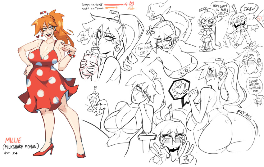 ahe_gao ass bikini bracelet bubble_butt clenched_teeth dress drinking_straw earrings expression_sheet gerph high_heels huge_ass huge_breasts milkshake millie_(gerph) monochrome no_bra orange_hair original polka_dot ponytail red_footwear sketch_page teeth